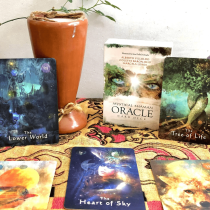 A ceramic vase with a plant stands behind a Mystical Shaman Oracle card box and six illustrated cards on a vibrant cloth, setting the scene for your next Online Intuitive Tarot Reading or tarot reading online.
